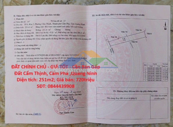 Đất chính chủ - giá tốt - cần bán gấp đất cẩm thịnh, cẩm phả ,quảng ninh (sau trạm thu phí cọc 7)