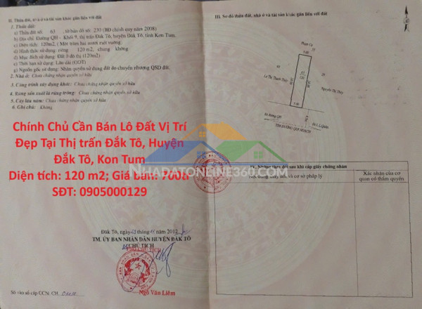 Chính chủ cần bán lô đất vị trí đẹp tại thị trấn đắk tô, huyện đắk tô, kon tum