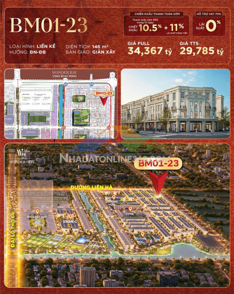 Cần bán căn liền kề shop phân khu bình minh vinhomes đan phượng, diện tích 146m², hướng đông nam - đông bắc  -  giá 29,7 tỷ.