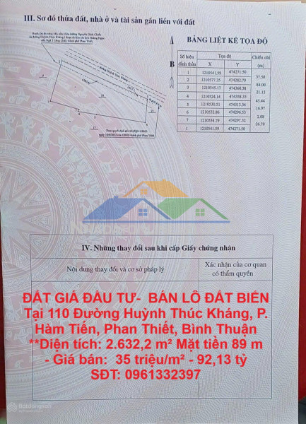Đất giá đầu tư-  bán lô đất biển tại 110 đường huỳnh thúc kháng, p. hàm tiến, phan thiết, bình thuận