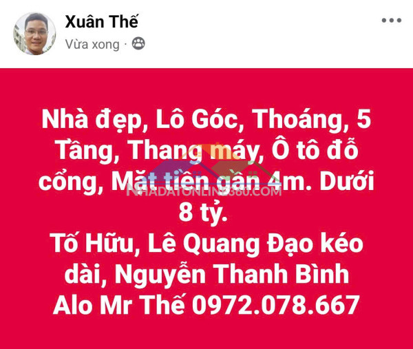 Nhà lô góc – có thang máy – mới cứng về ở ngay – ô tô vào tận nhà – chỉ dưới 8 tỷ lh 0972 078 667
