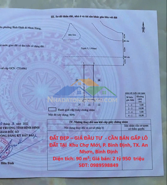 Đất đẹp – giá đầu tư  - cần bán gấp lô đất tại  khu chợ mới, p. bình định, tx. an nhơn, bình định