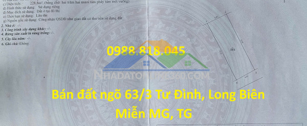 Đất ngõ 63 tư đình, phường long biên, thành phố hà nội, 229m2, đường ô tô tránh, miễn tg