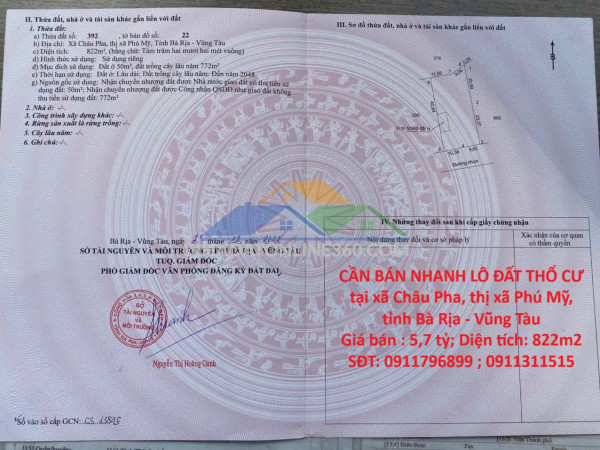 Cần bán nhanh lô đất thổ cư tại xã châu pha, thị xã phú mỹ, tỉnh bà rịa - vũng tàu