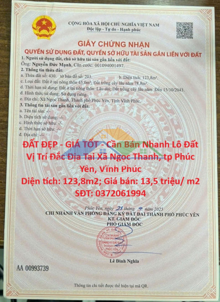 Đất đẹp - giá tốt - cần bán nhanh lô đất vị trí đắc địa tại xã ngọc thanh, tp phúc yên, vĩnh phúc
