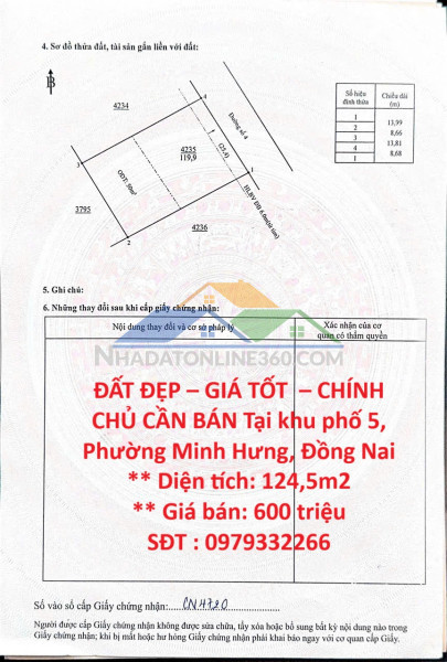 Đất đẹp – giá tốt  – chính chủ cần bán tại khu phố 5, phường minh hưng, đồng nai