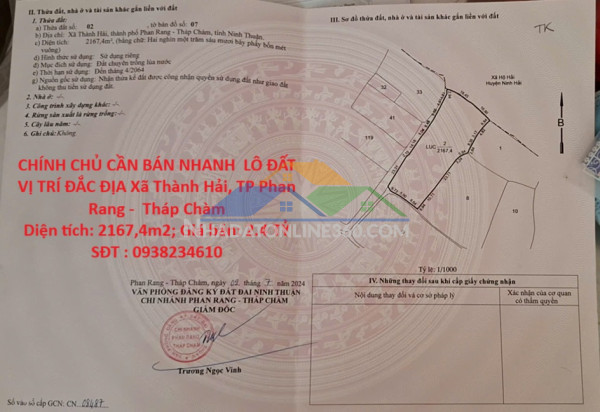 Chính chủ cần bán nhanh  lô đất vị trí đắc địa  xã thành hải, tp phan rang -  tháp chàm, ninh thuận