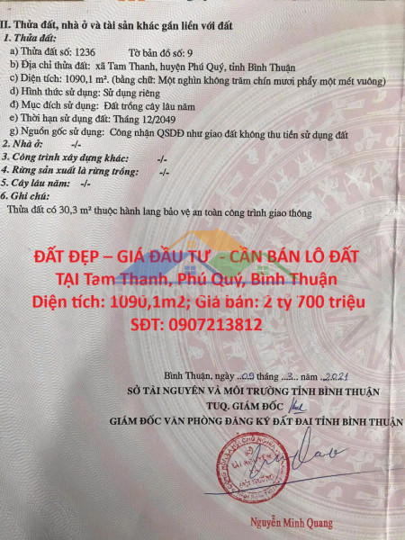 Đất đẹp – giá đầu tư  - cần bán lô đất  tại tam thanh, phú quý, bình thuận