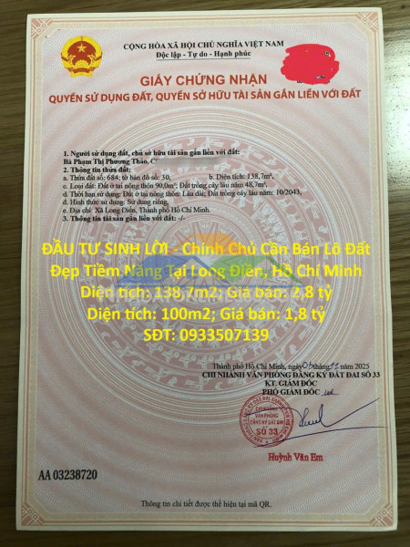 Đầu tư sinh lời - chính chủ cần bán lô đất đẹp tiềm năng tại long điền, hồ chí minh