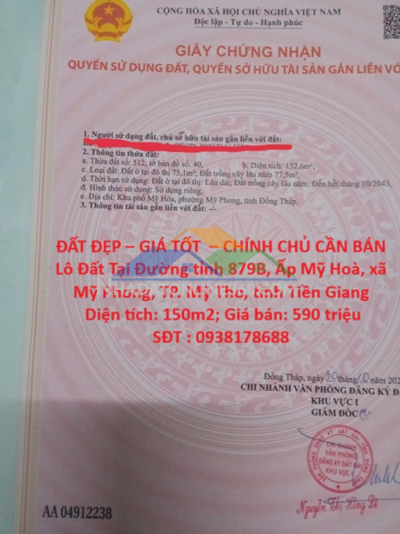 Đất đẹp – giá tốt  – chính chủ cần bán lô đất tại mỹ hòa - mỹ phong - đồng tháp