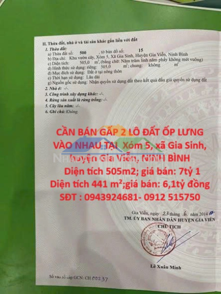 Cần bán gấp 2 lô đất ốp lưng vào nhau tại  xóm 5, xã gia sinh, huyện gia viễn, ninh bình