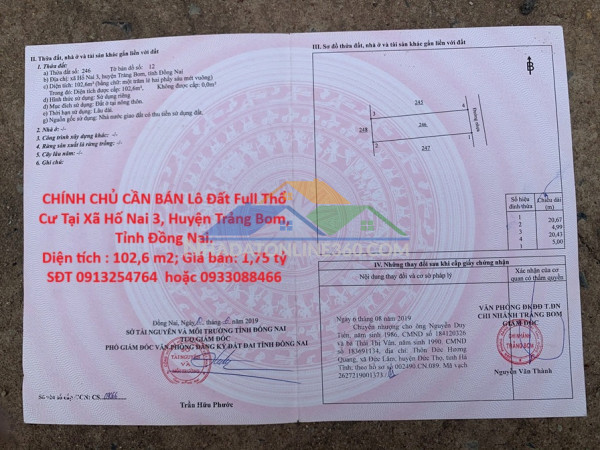 Chính chủ cần bán lô đất full thổ cư tại xã hố nai 3, huyện trảng bom, tỉnh đồng nai.