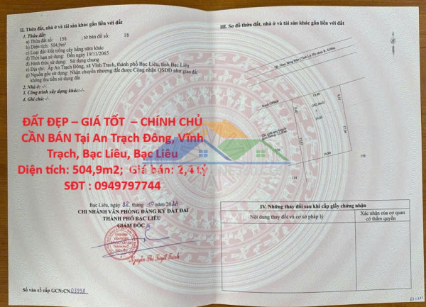 Đất đẹp – giá tốt  – chính chủ cần bán tại an trạch đông, vĩnh trạch, bạc liêu, bạc liêu