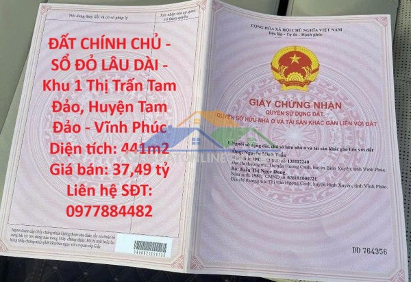 Đất chính chủ - sổ đỏ lâu dài - khu 1 thị trấn tam đảo, huyện tam đảo - vĩnh phúc