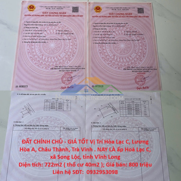 Đất chính chủ - giá tốt vị trí hòa lạc c, lương hòa a, châu thành, trà vinh