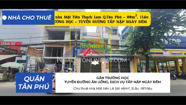 Cho thuê nhà mặt tiền thạch lam 80m², 1lầu, 22triệu - gần...
